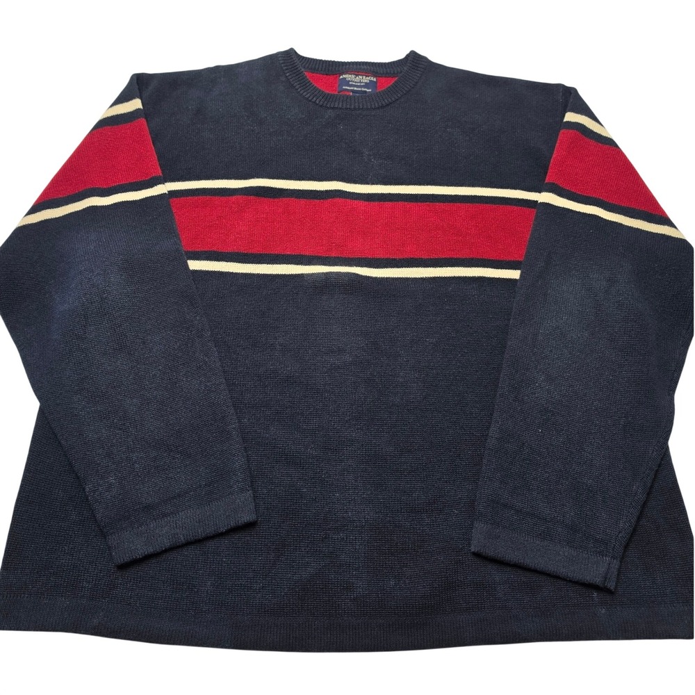 American Eagle Mens XXL Navy Blue Red Striped Ramie Cotton Crewneck Sweater